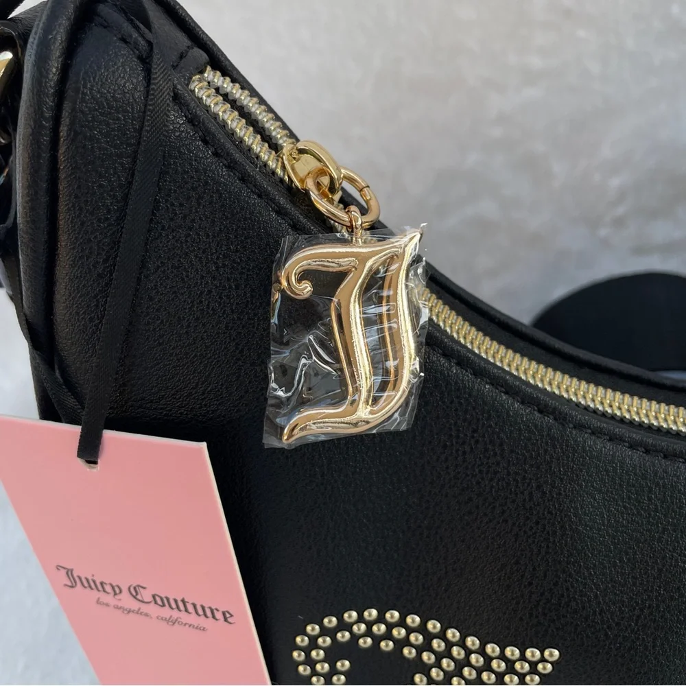 NEW Juicy Couture‎ Black Studded Logo Hobo Crossbody Bag Gold Hardware